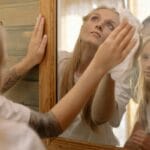 Una madre limpiando un espejo mientras su hija observa, lo que refleja el vínculo y el cuidado familiar.